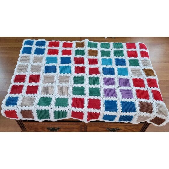 Handmade Crocheted Afghan Granny Squares Blanket Throw crochet 45" x 34" EUC - Picture 1 of 11